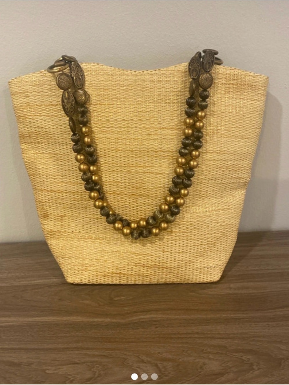 Woven Straw Tote with Decorative Gold Bead Handles